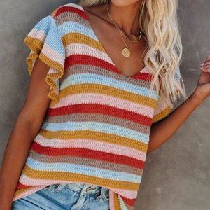 Multicolors Stripe Knit Short Sleeve Sweater XL